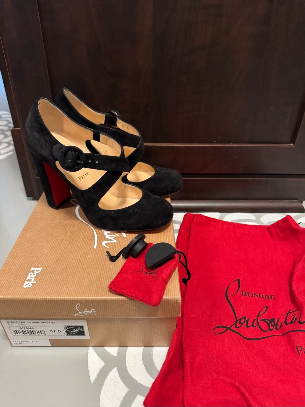 Christian Louboutin Miss Ellen 100 Black Veau Velours Jane Pumps 37.5